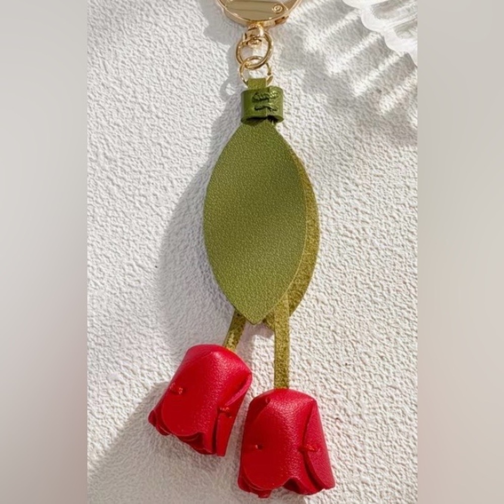 NEW Red Tulip Floral Faux Leather Keychain